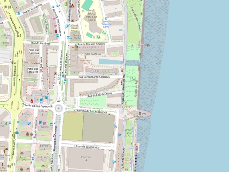 Mapa do Parque das Nações com a localização da Dona Nora, na Rua Cais das Naus 2D, perto da Torre Vasco da Gama